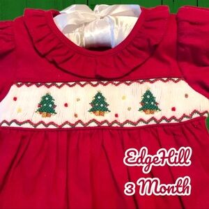 3M Baby EDGEHILL COLLECTION~Smocked Trees CHRISTMAS Red Dress & Bloomers